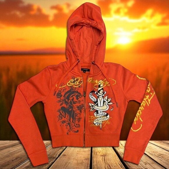 Ed Hardy Y2K Hoodie Double Sided Graphics Death Before Dishonor Crop Top Hoodie - Picture 2 of 12